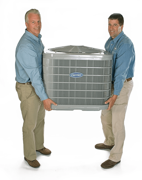 Kurt and Tom from Ductworks HVAC Services in Southington, CT holding an air conditioning unit