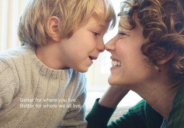 Advertisement for cleaner air with a mother and young boy smiling at each other